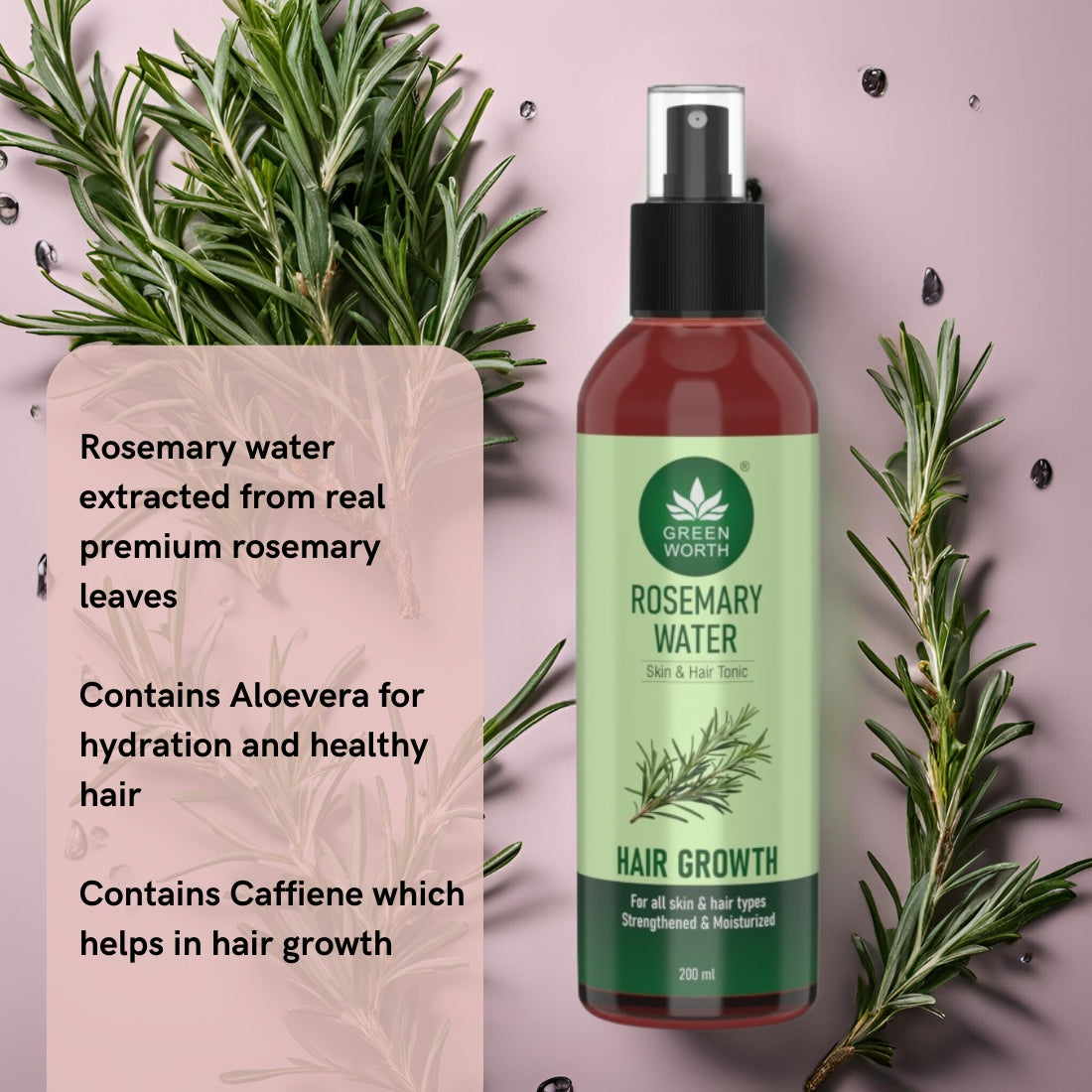 Green Worth Rosemary Water spray for Hair Growth | Goodness of Rosemary Aloe vera & caffiene (200 ml