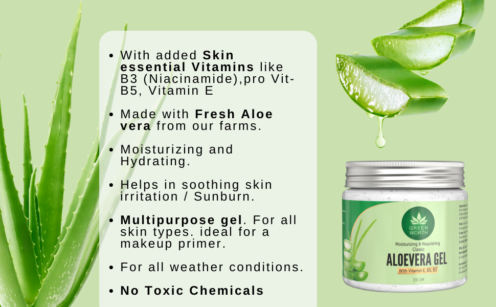 Green Worth Pure Aloe Vera Gel with Pro Vit B5, B3 and Vitamin E