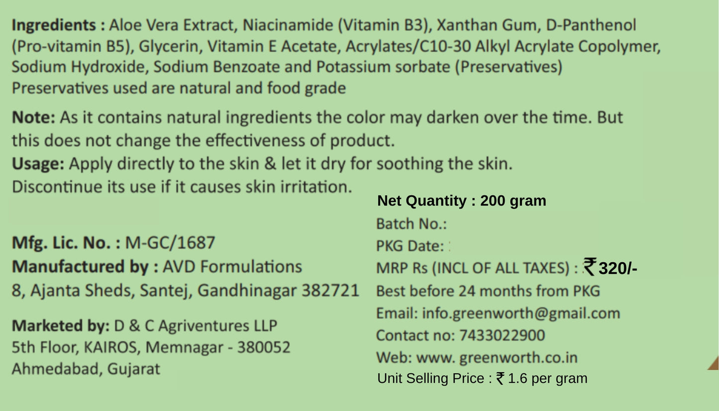 Green Worth Pure Aloe Vera Gel with Pro Vit B5, B3 and Vitamin E