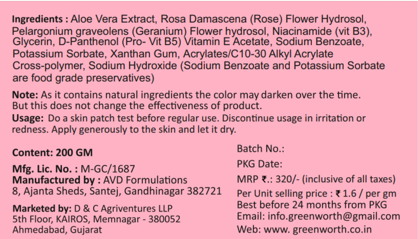 GREEN WORTH Rose Aloevera Gel : 200 GM | with Pro Vit B5, B3 and Vitamin E