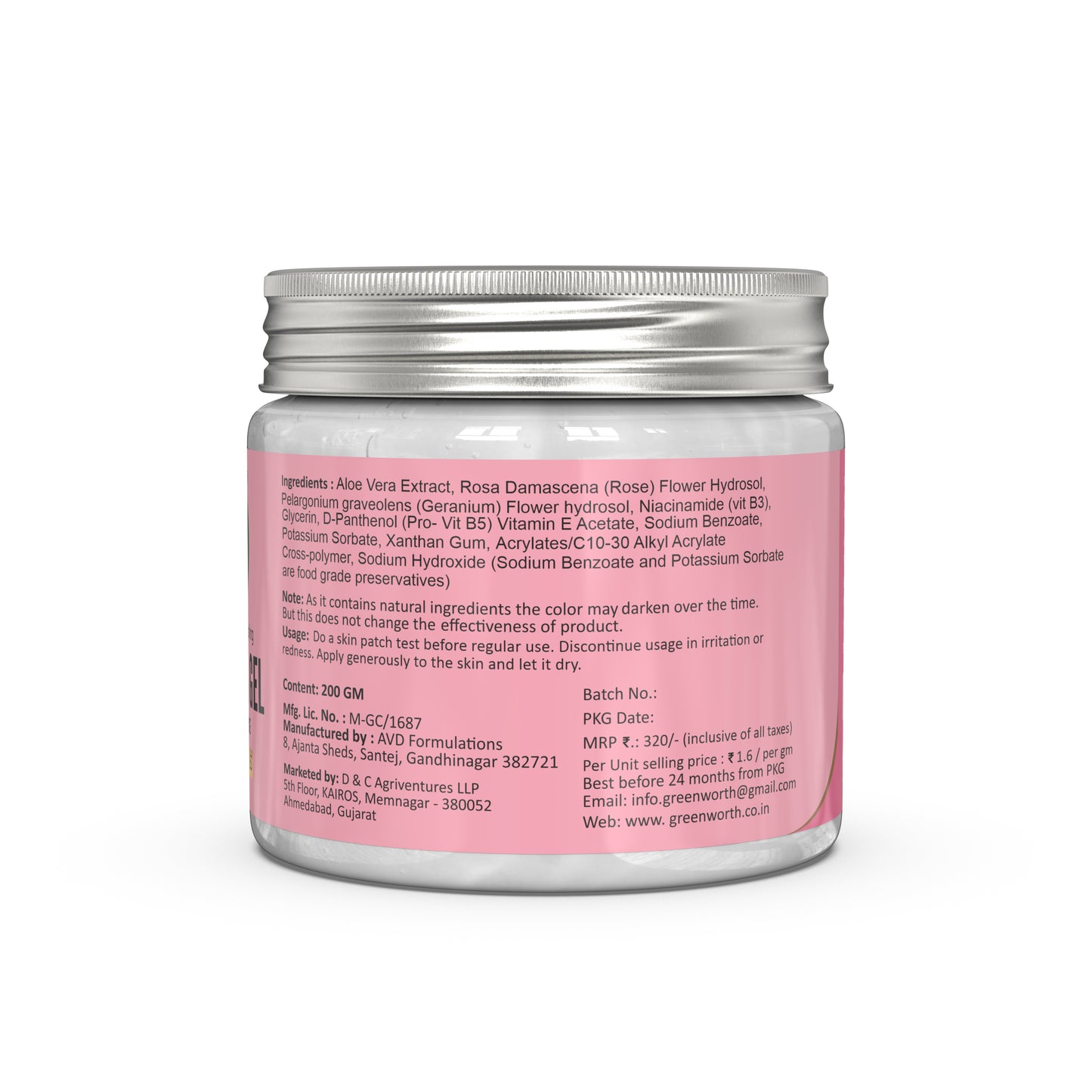 GREEN WORTH Rose Aloevera Gel : 200 GM | with Pro Vit B5, B3 and Vitamin E