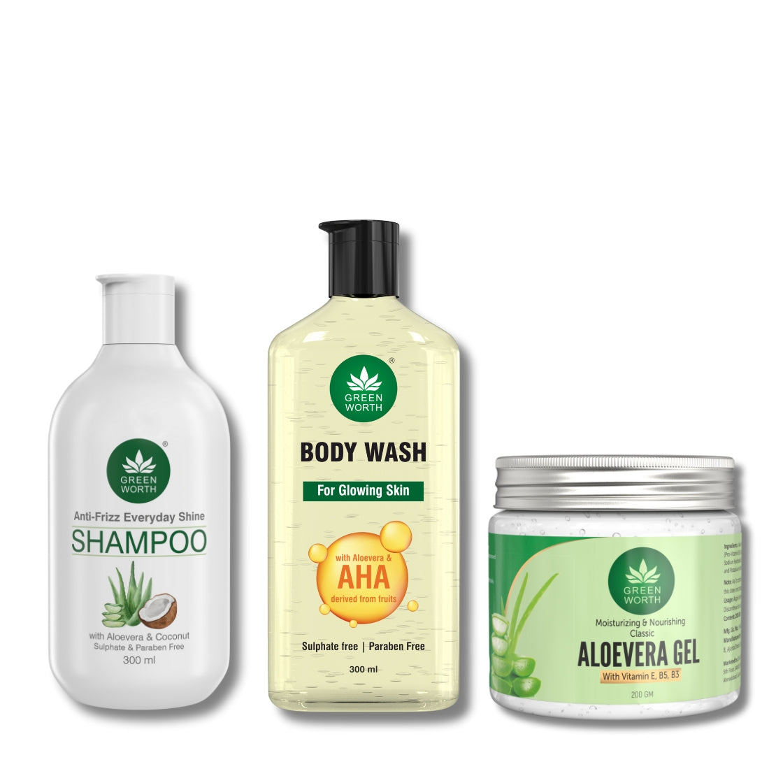 SUPERSAVER COMBO of Green worth Aloe vera gel (200gm), Shampoo (300ml), Bodywash (300ml) | 3 items