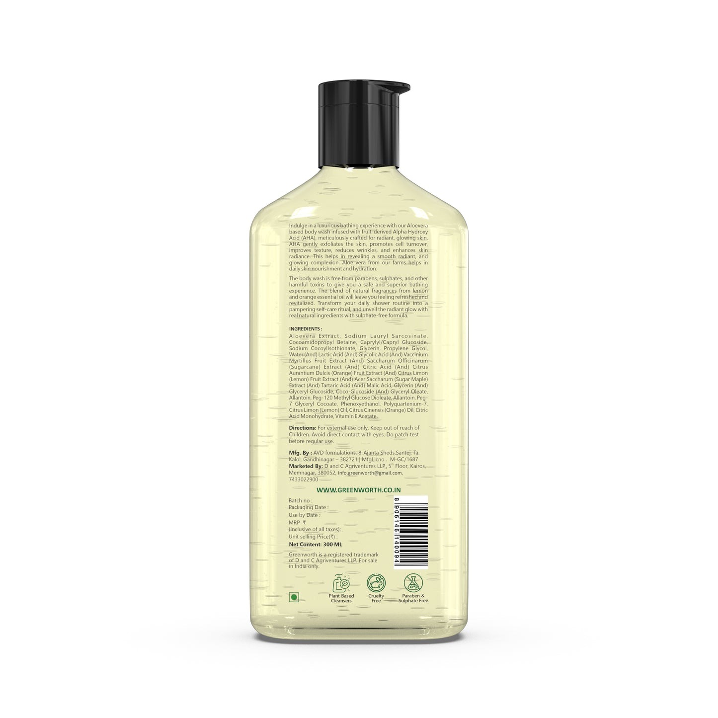 Body Wash Shower Gel - With AHA | sulphate Free 300ml | Fresh Citrus Fragrance